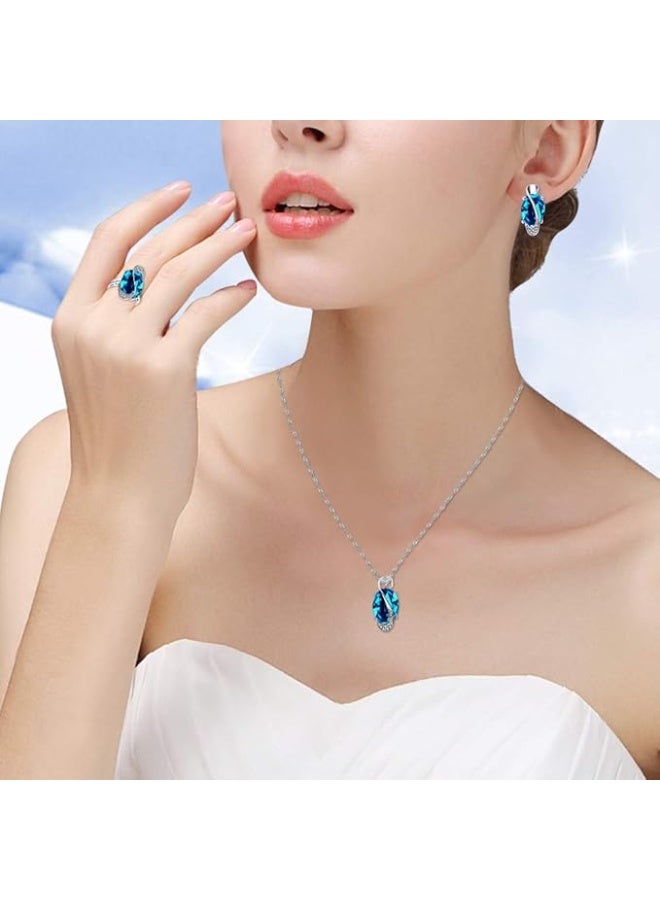 DubaiGallery قلادة جديدة من الفضة الإسترلينية 925 مع قلادة مجموعة مجوهرات الزفاف العصرية متعددة الألوان من الكريستال والزركون مع أقراط وخاتم لنساء مجموعة إكسسوارات للحفلات - Image 2